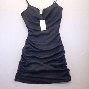 ELH Studio Black Glitter Ruched Bodycon Dress NWT Women L Mini Cocktail Party